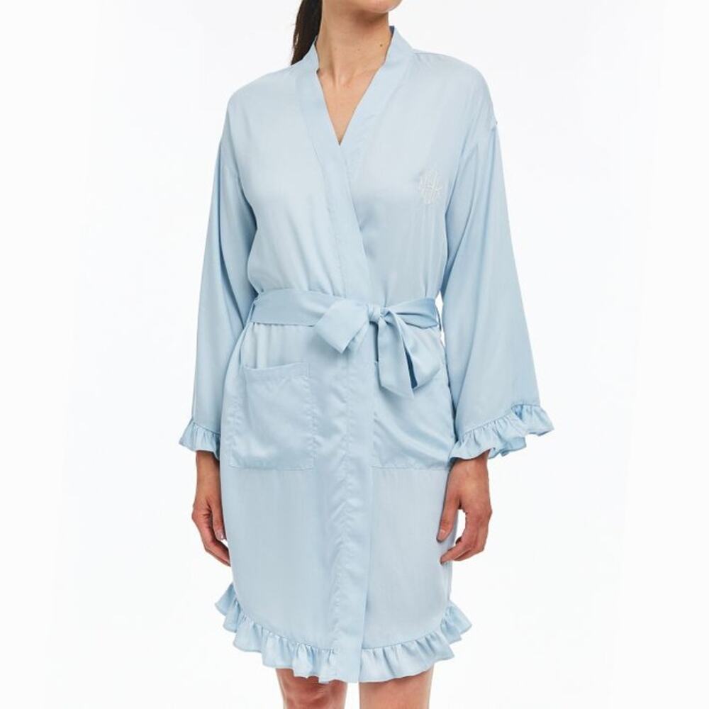 MARK AND GRAHAM Ruffle Sateen Robe in Sky Blue L